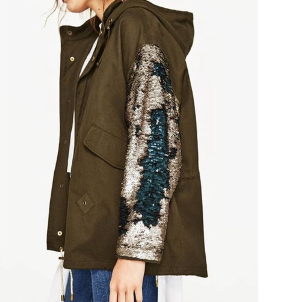 Zara Olive Utility Jacket with Sequin Sleeves